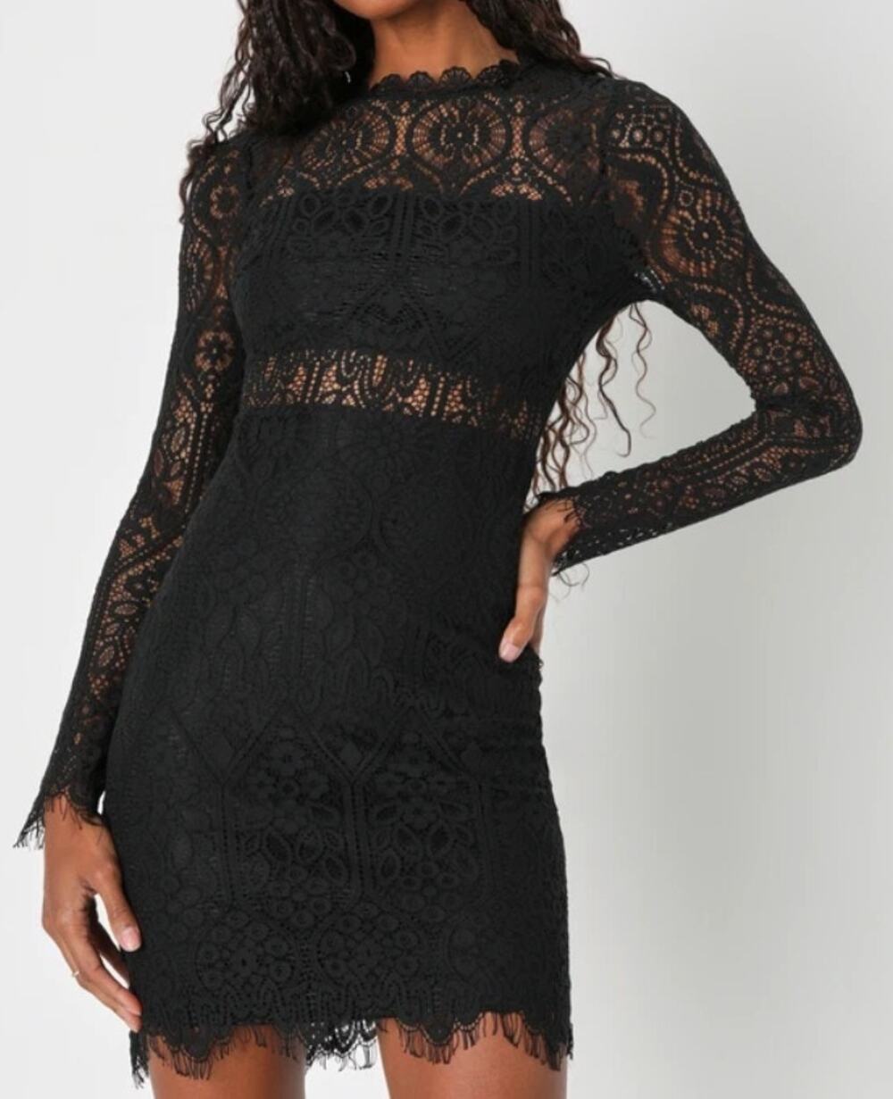 Lulus Black Lace Bodycon Cocktail Mini Dress Small Long Sleeve Illusion Lace